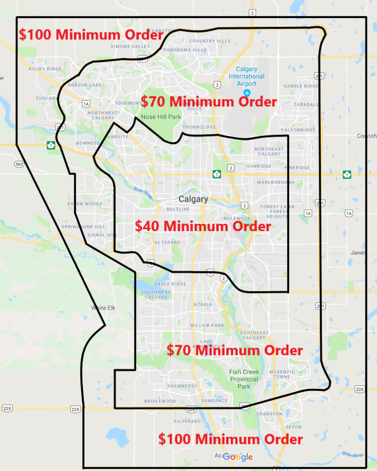 Map of Calgary, Alberta showing our minimum order requirement based on location